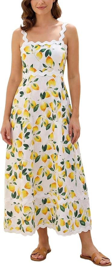 Women's Classy Sleeveless Lemon Print Maxi RIC Rac Dress | Amazon (US)