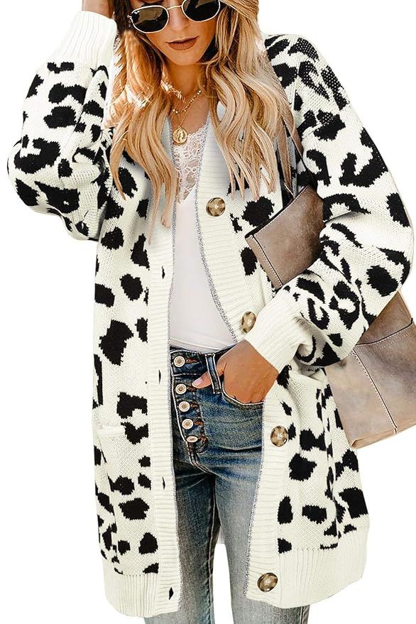 Ferbia Women Leopard Cardigan Long Open Front Sweaters Oversized Loose Knit Coat Draped Jackets w... | Amazon (US)