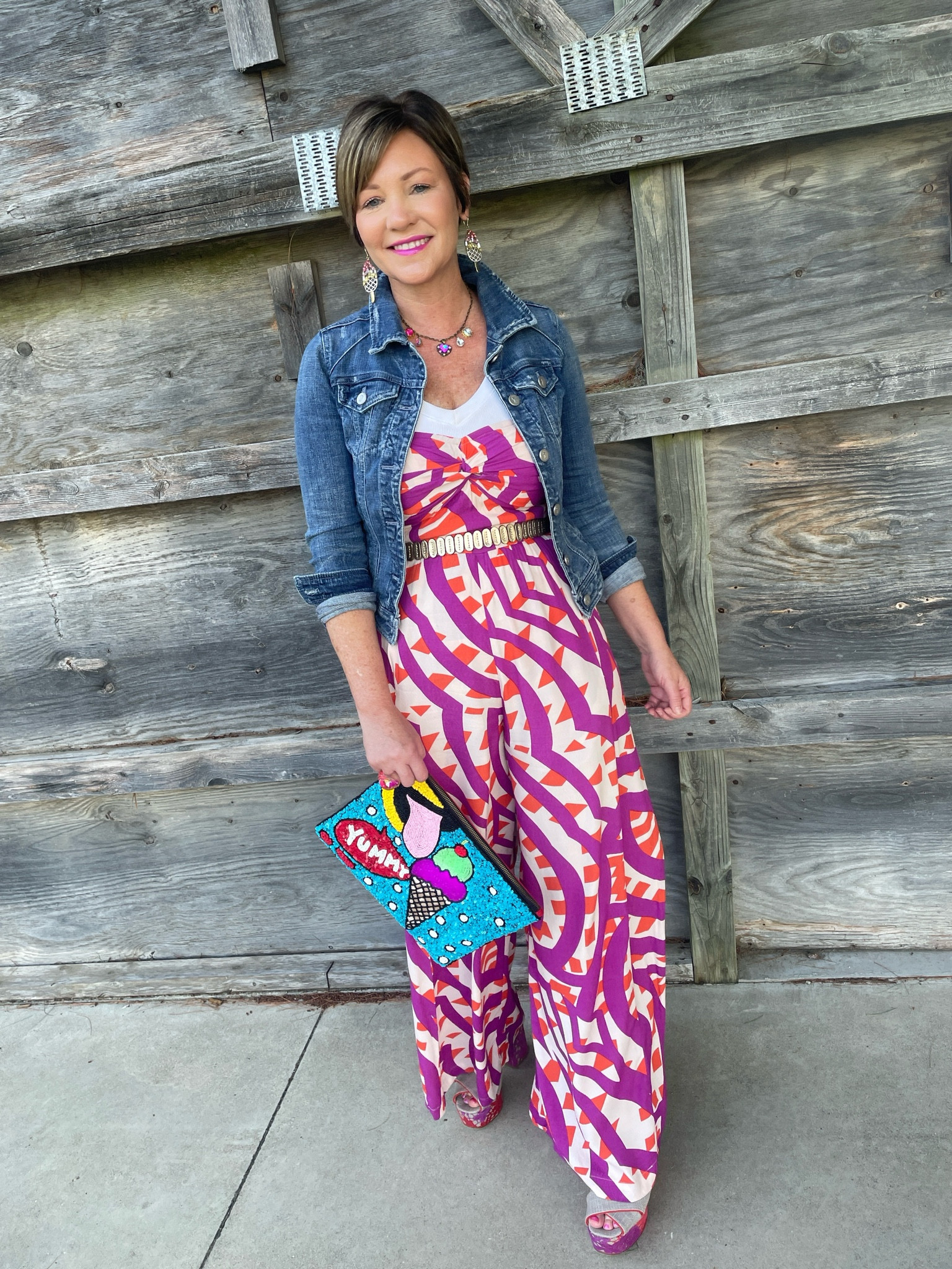Geometric print jumpsuit 
Ice cream clutch
Themed bags
Beaded bag
Jean jackett

#LTKStyleTip #LTKOver40 #LTKFindsUnder50