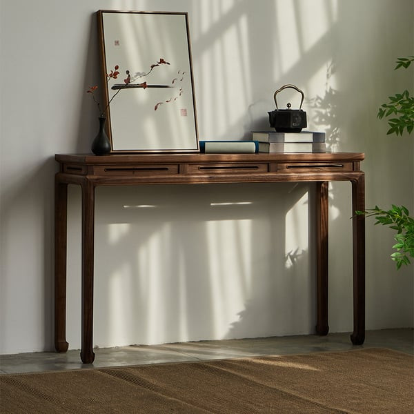 47.2" Modern Walnut Console Table Rectangular Wood Entryway Table Abstract Base in Gold | Homary