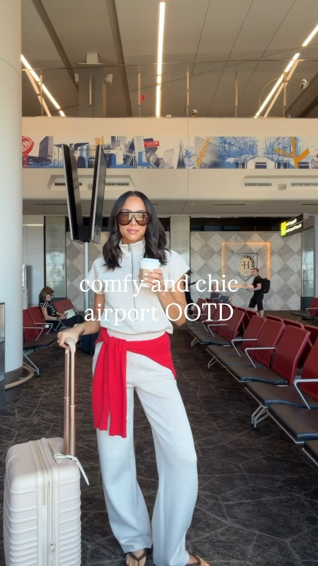 travel outfit for nyc ✈️ Wearing size XS Tall jumpsuit and I’m 5’8” (use code NENAXSPANX to get 15% off your first Spanx order!) and size S red cardigan Airport outfit School drop off outfit