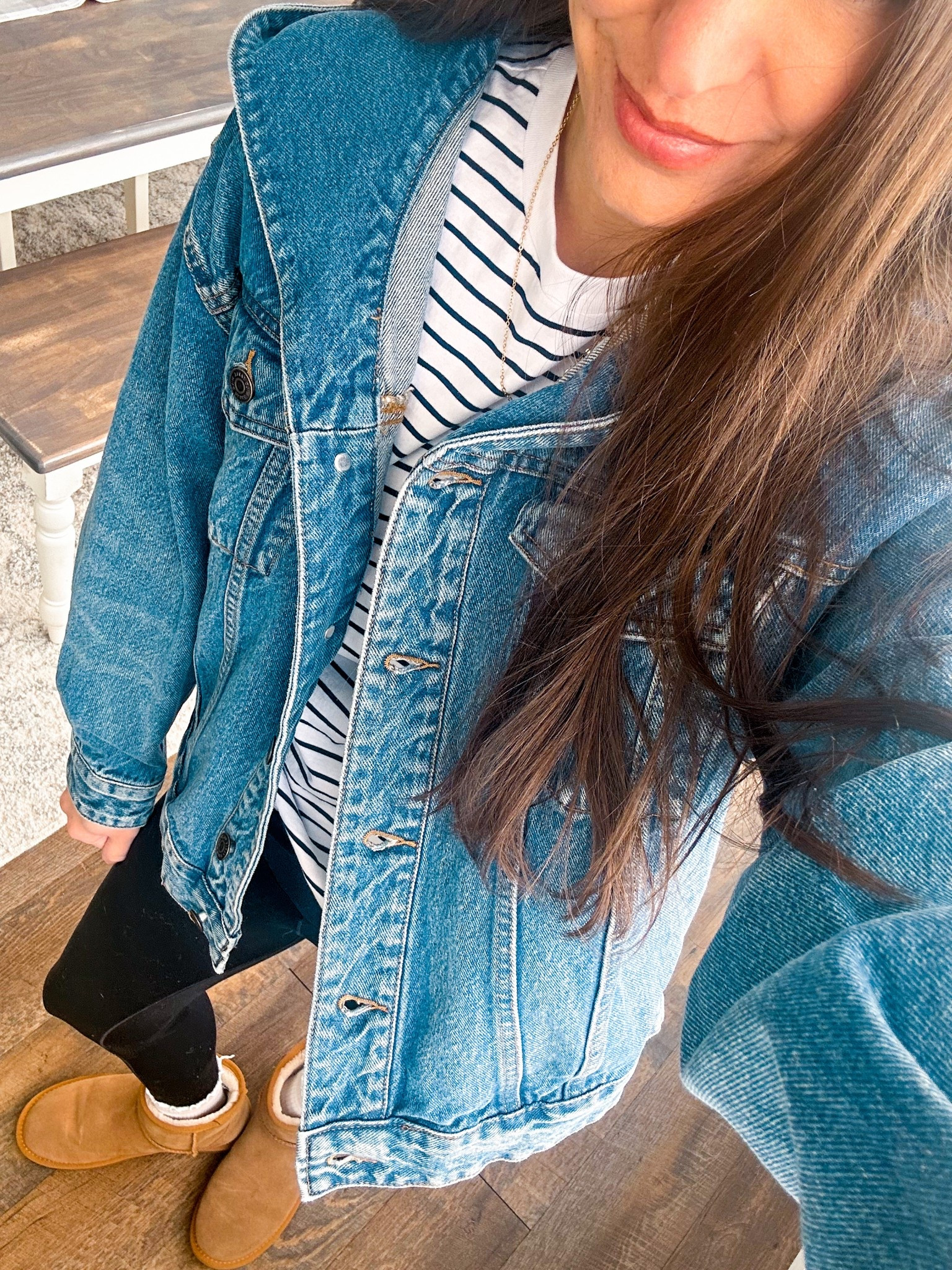 Loving this new hooded denim jacket! It’s perfectly oversized! Wearing XS 
Striped tee XS 
Leggings small short 
Shoes tts 

#LTKPetite #LTKStyleTip #LTKFindsUnder50