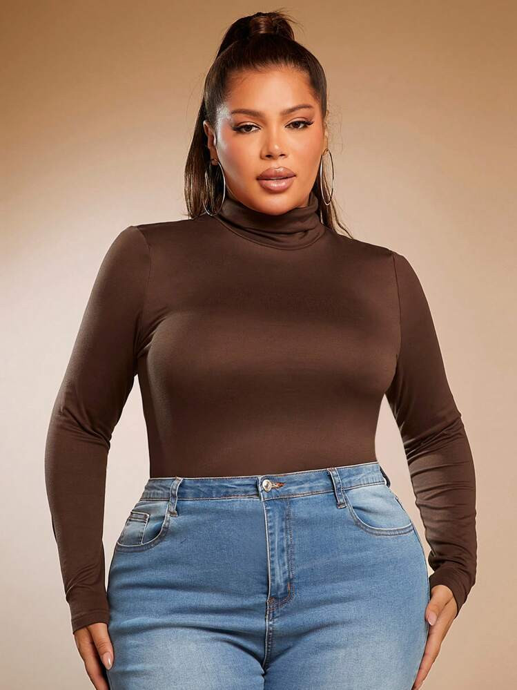 SHEIN SXY Plus Size Solid Color Slim Fit High-Necked Long Sleeve All-Match T-Shirt Basic Tees | SHEIN
