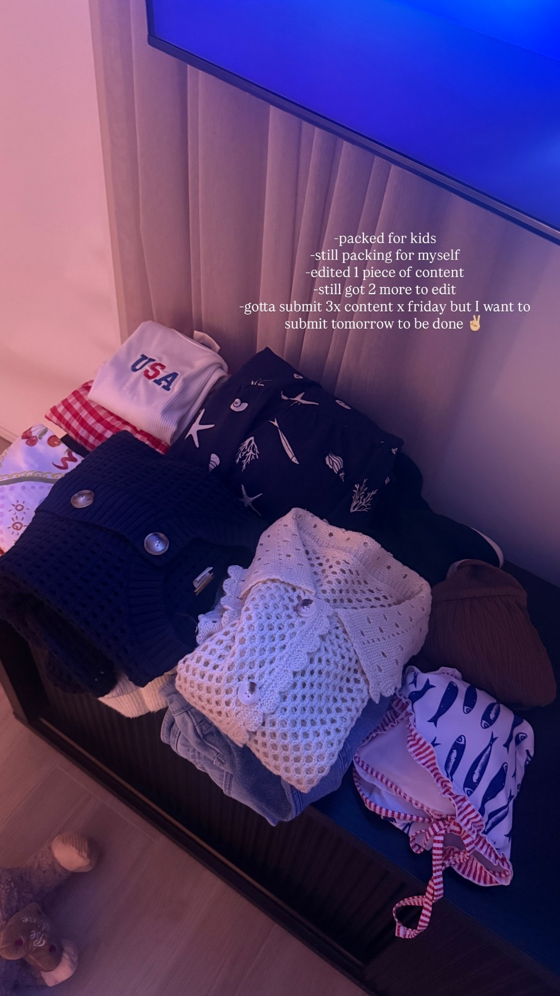 -packed for kids
-still packing for myself 
-edited 1 piece of content
-still got 2 more to edit 
-gotta submit 3x content x friday but I want to submit tomorrow to be done ✌🏼

#LTKdayinmylife #LTKgrwm #LTKootd