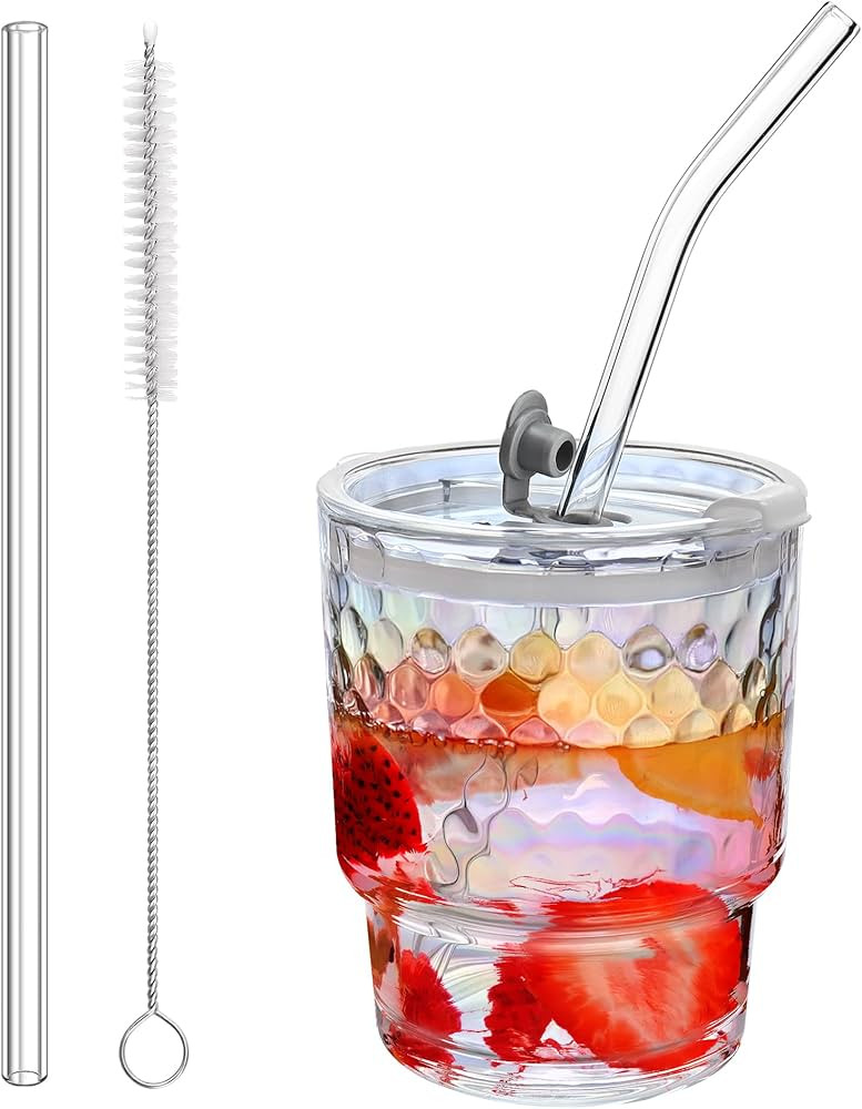 Glass Tumbler with Straw and Lid, Iced Coffee Cup, Smoothie Glass, Drinking Glasses, Leak Proof G... | Amazon (UK)