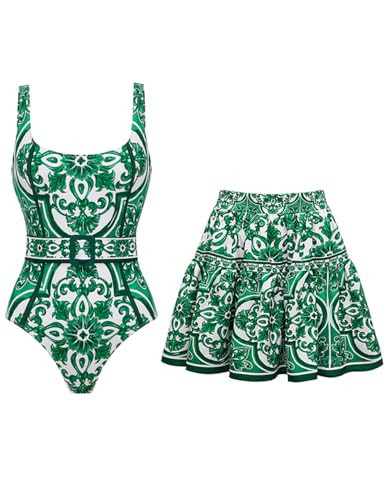 FLAXMAKER Classic Majolica Pattern Print Adjustable Shoulder Straps One Piece Swimsuit and Pants or Skirt (US, Alpha, Small, Regular, Regular, Green Swimsuit and Skirt) | Amazon (US)
