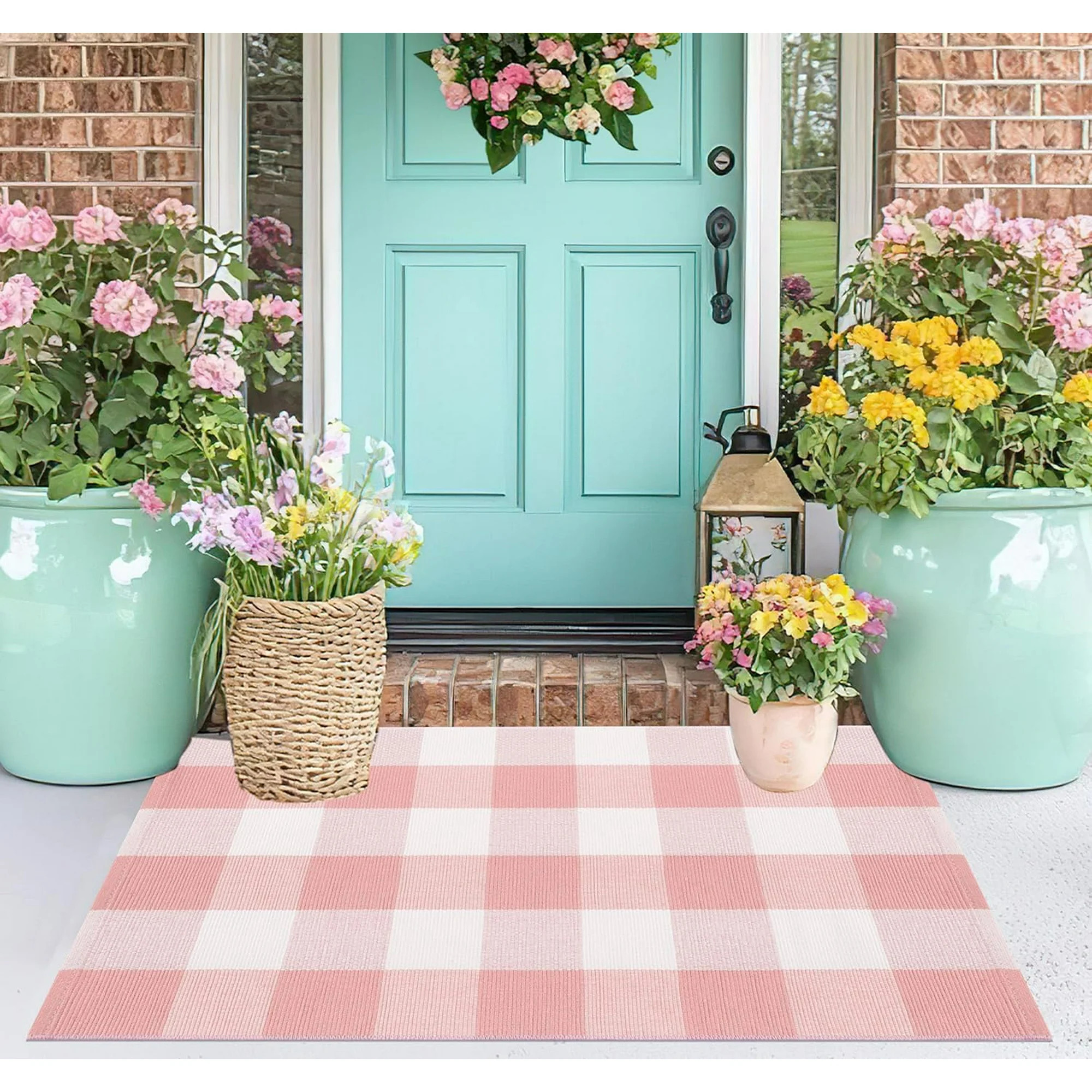 Pink and White Front Door Mat 24''''X35'''' Buffalo Plaid Checked Front Porch Rug Cotton Woven Wa... | Walmart (US)
