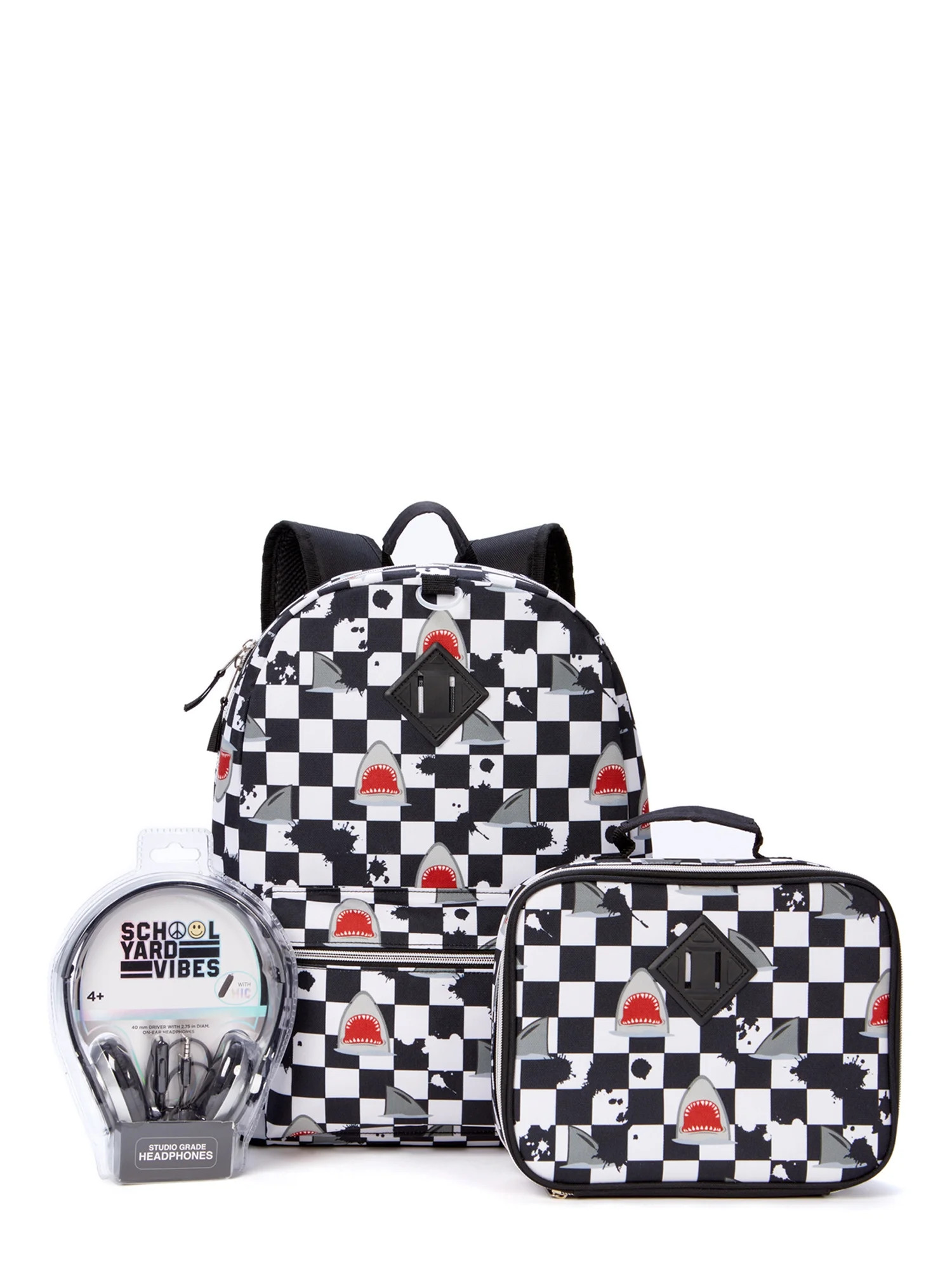 Schoolyard Vibes Backpack 3-Piece Set with Lunch Bag & Headphone Set White Black Checkered Shark ... | Walmart (US)