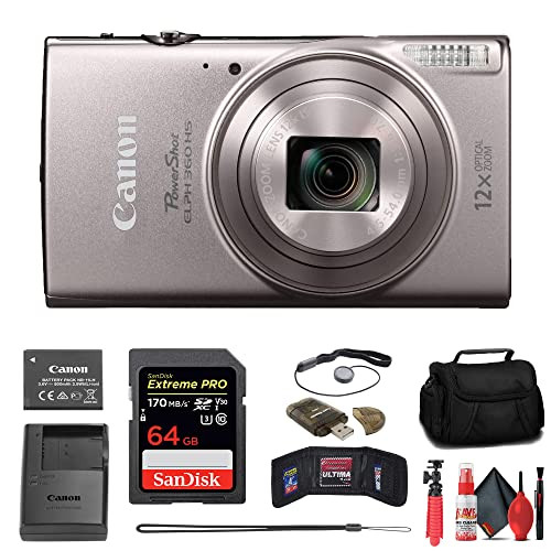 Canon Power-Shot ELPH 360 HS Digital Camera (Silver) (1078C001) + 64GB Card + Case + Card Reader + Flexible Tripod + Memory Wallet + Cap Keeper + Cleaning Kit (10 Items) (Renewed) | Amazon (US)