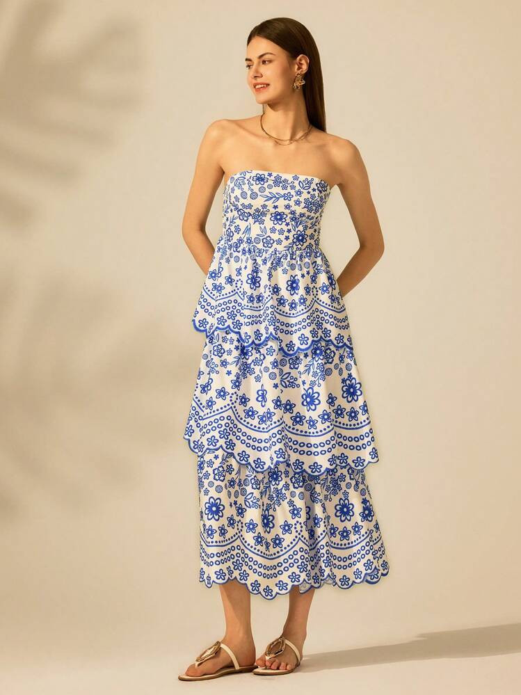 CAJUNI Women's Vacation Boho Blue & White ,Embroidery Floral Print And Ruffle Trim Backless Halter Maxi Dress, Summer Holiday Date Layered Ruffle Hem Long Dress,Vestidos Elegantes De Mujer,Dresses For Women,Summer Dresses For Women,Summer Dress,Dresses For Women Elegant,Summer Dresses,Vestidos De Verano,Women Dresses,Dresses For Women Summer,Maxi Dresses For Women,Blue Dresses For Women,Homecoming Dress,Vestidos Largos,Strapless Dress,Off The Shoulder Dress | SHEIN