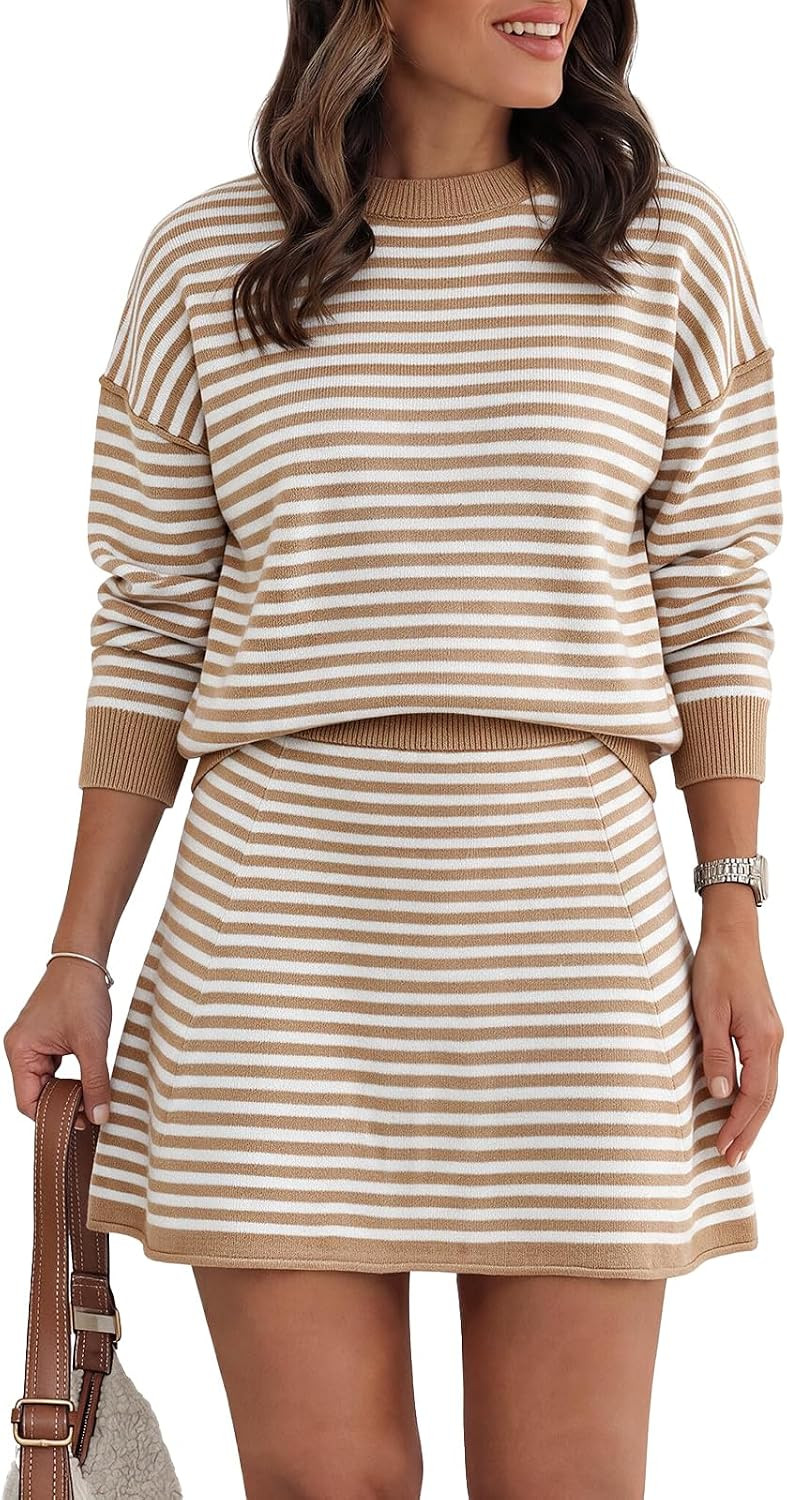 Tankaneo Women 2 Piece Striped Sweater Skirt Set Fall Outfits Matching Sets | Amazon (US)