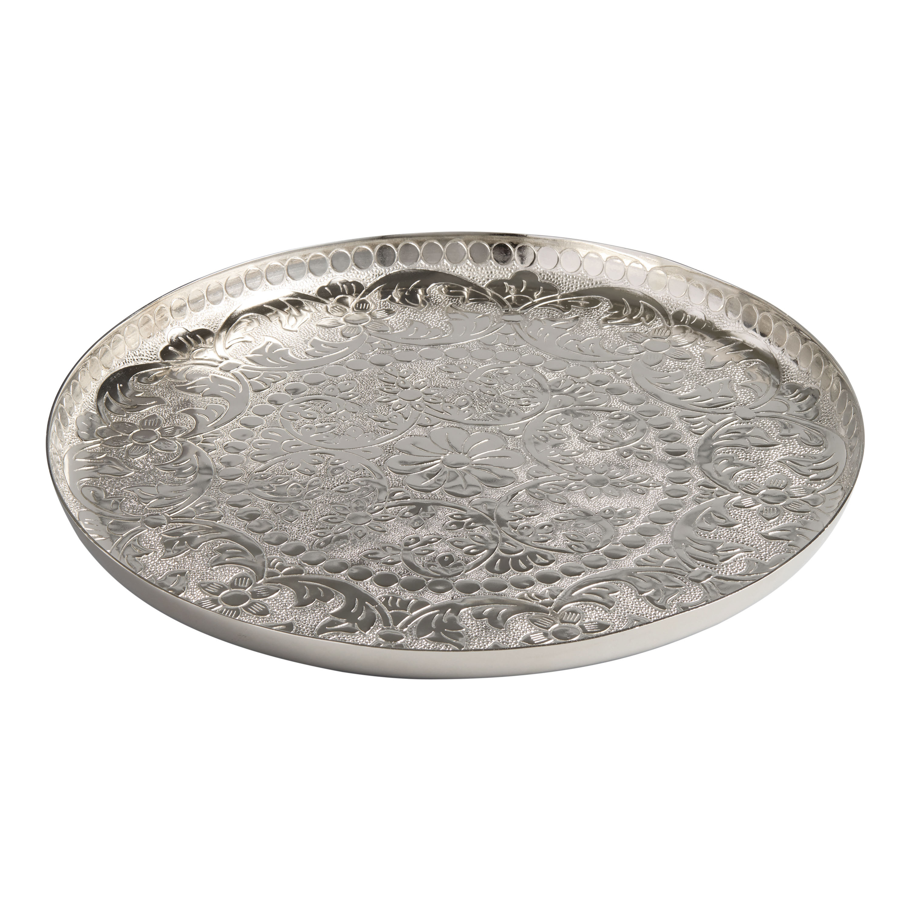 Round Silver Metal Floral Medallion Serving Tray | World Market