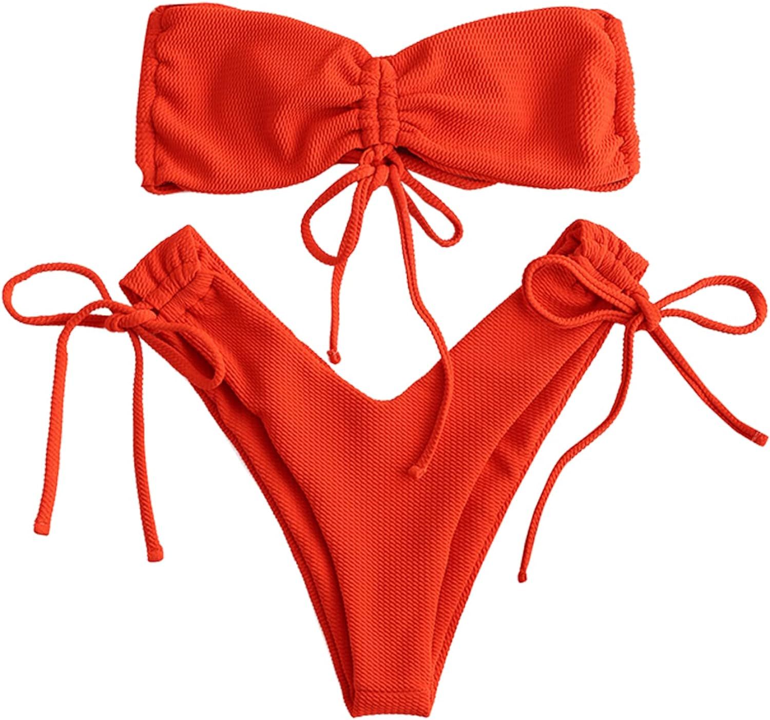 ZAFUL Women's Cinched Tie Cami Bandeau Bikini Set Swimsuit | Amazon (US)