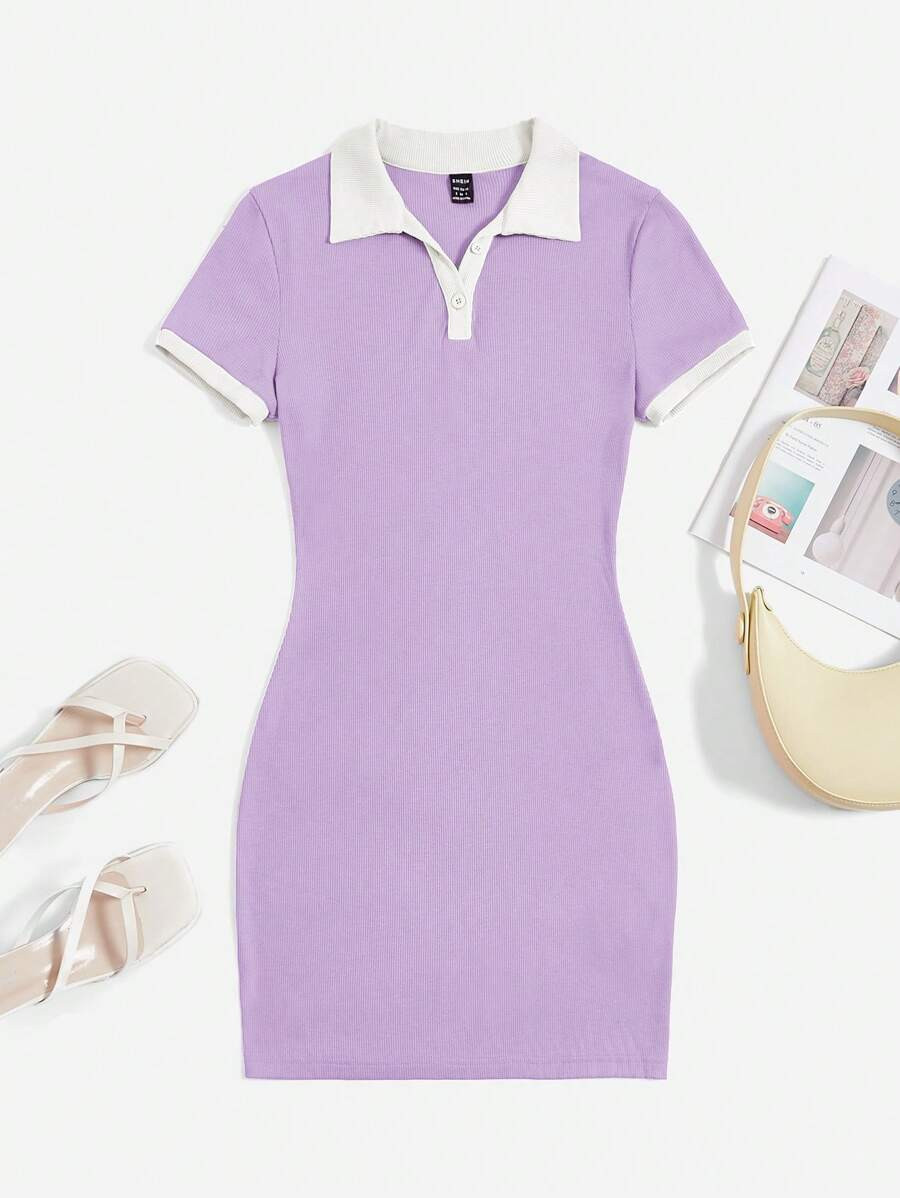 SHEIN EZwear Collared Button-Up Half-Placket Bodycon Dress With Colorblock Design | SHEIN