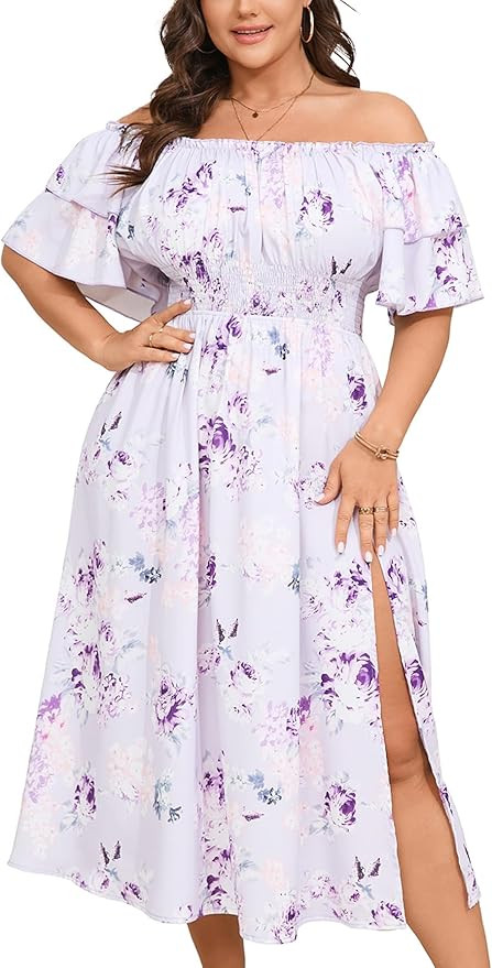 Plus Size Maxi Dress Off The Shoulder Ruffle Smocked Wedding Guest Cocktail Slit Hem Flowy Dresse... | Amazon (US)