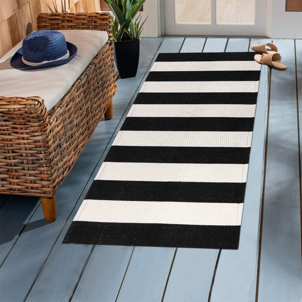 Seavish Indoor Outdoor Doormats, 2’x4.3’ Black and White Ivory Stripes Rug Handmade Woven Run... | Amazon (US)