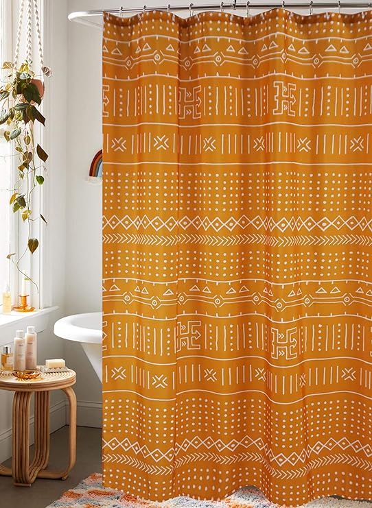 YoKII Mudcloth Fabric Shower Curtain 84-Inch Extra Long Ethnic African Terracotta Aztec Boho Bath... | Amazon (US)