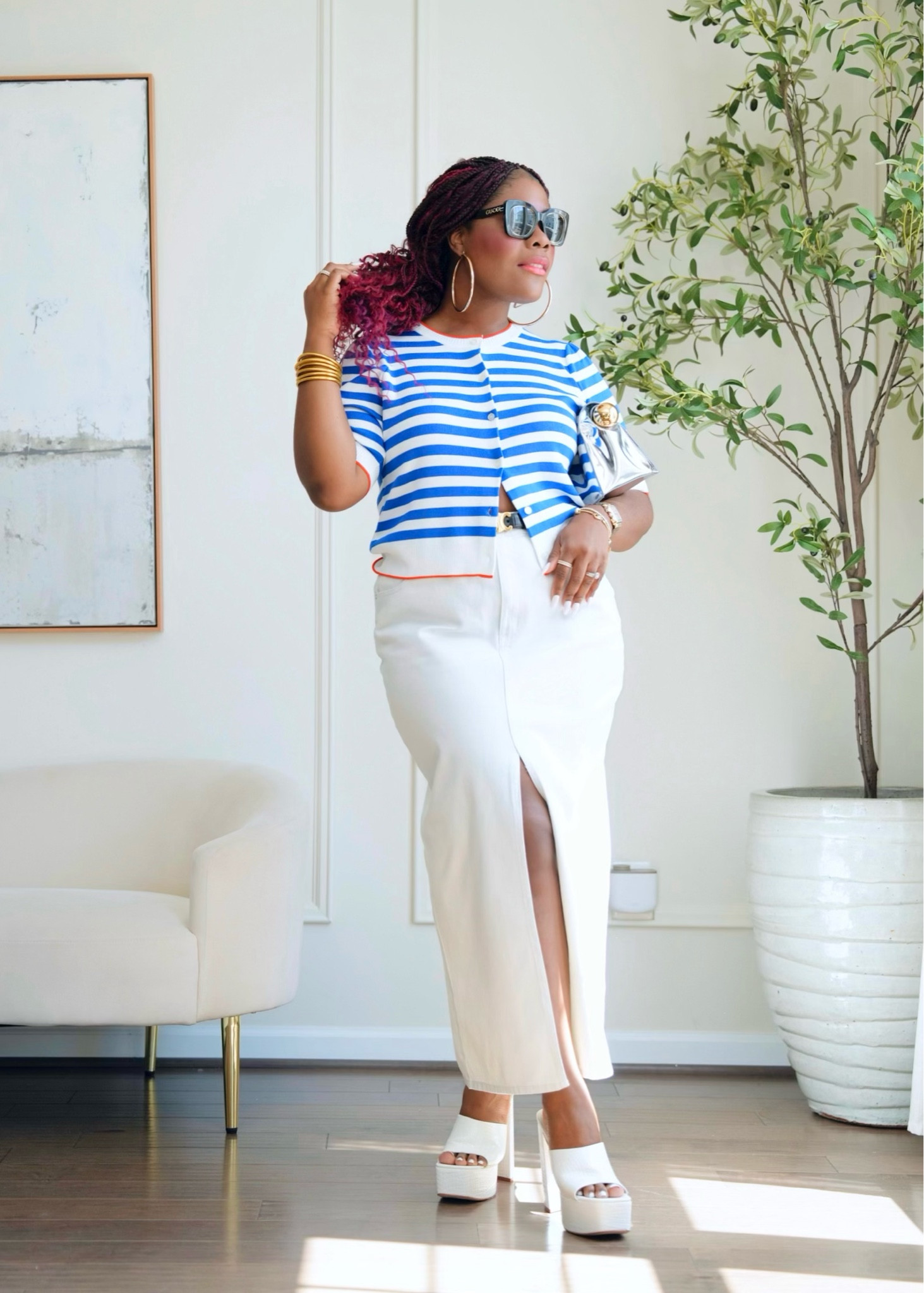 Maxi denim skirt paired with a short sleeve stripe cardi . Summer outfit , spring outfit, maxi skirt, denim season , Walmart fashion finds , free Assembly collection, mid size mom outfit 

#LTKmidsize #LTKSeasonal #LTKfindsunder50