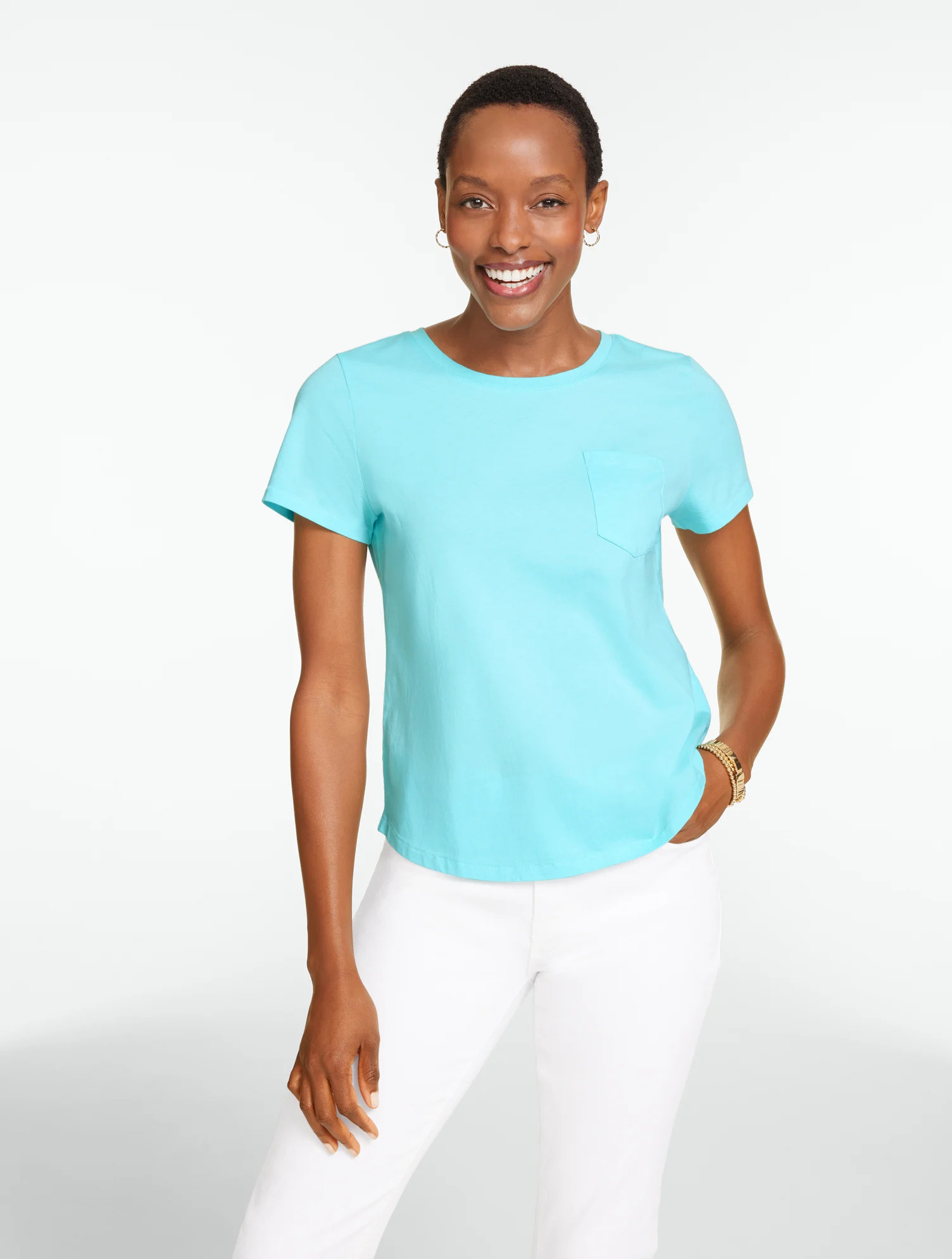 Petite - Patch Pocket Short Sleeve T-Shirt - Turquoise Blue - Medium - 100% Cotton Talbots | Talbots
