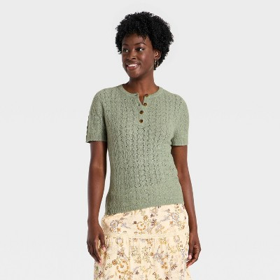 Women's Short Sleeve Heirloom Henley Pullover Sweater - Universal Thread™ Heather Green S | Target