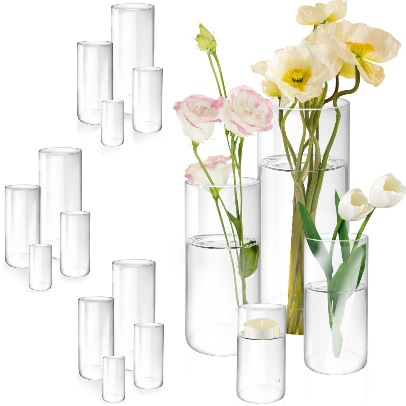 16 Pack Glass Cylinder Vases, 4,6,8,10 Inch Tall Clear Flowers Vases for Centerpieces, Floating C... | Amazon (US)