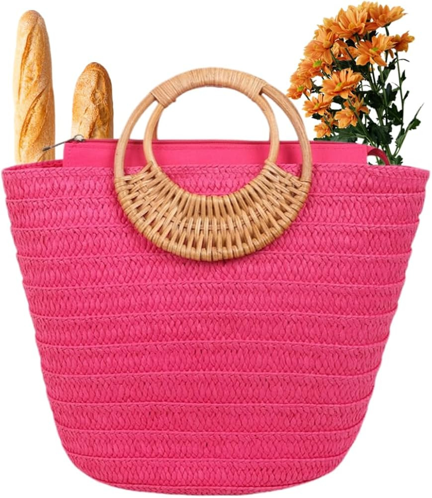Cute Tote Bag for Lunch&Grocery Resuable Straw Bags Shopper Handbag with Top Handle Beach Travel ... | Amazon (US)