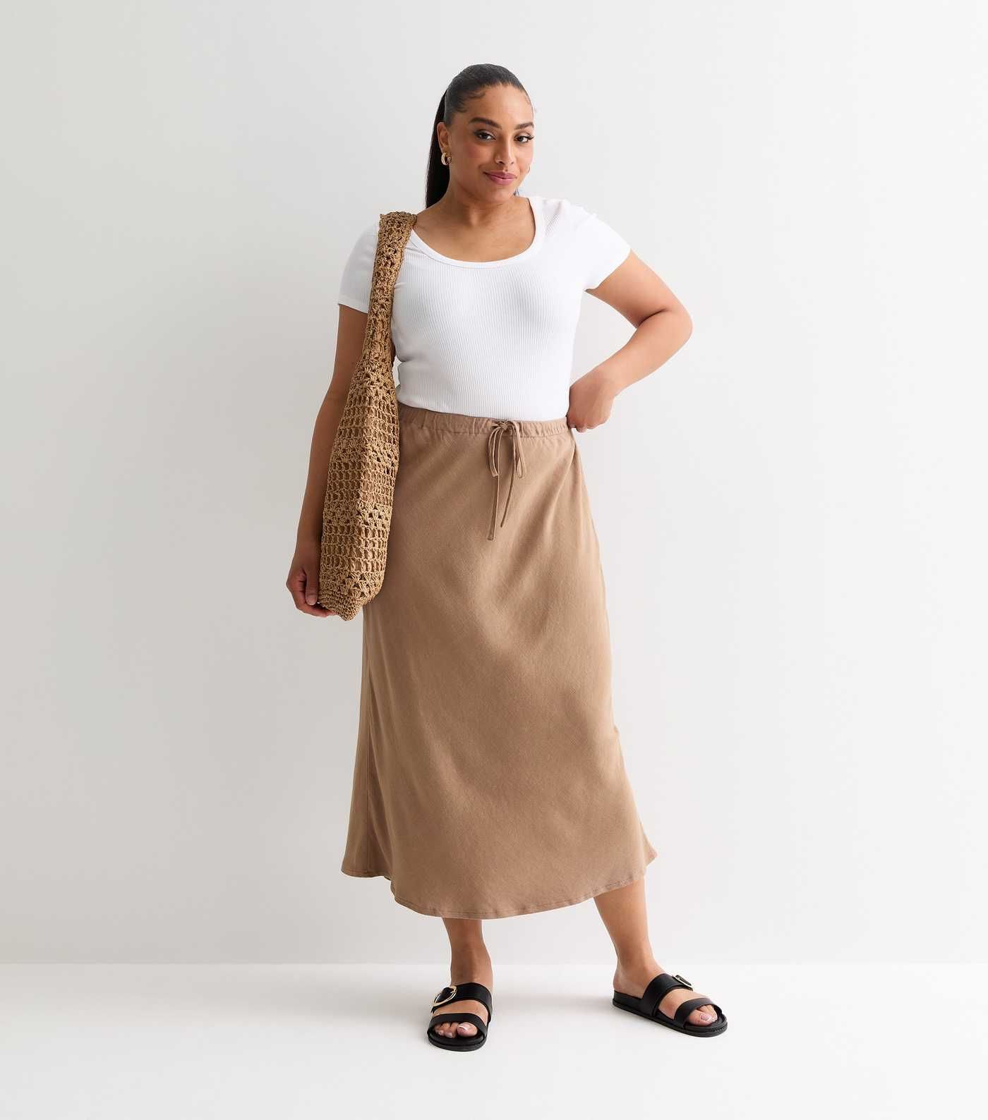 Curves Camel Drawstring Linen-Look Midi Skirt | New Look | New Look (UK)