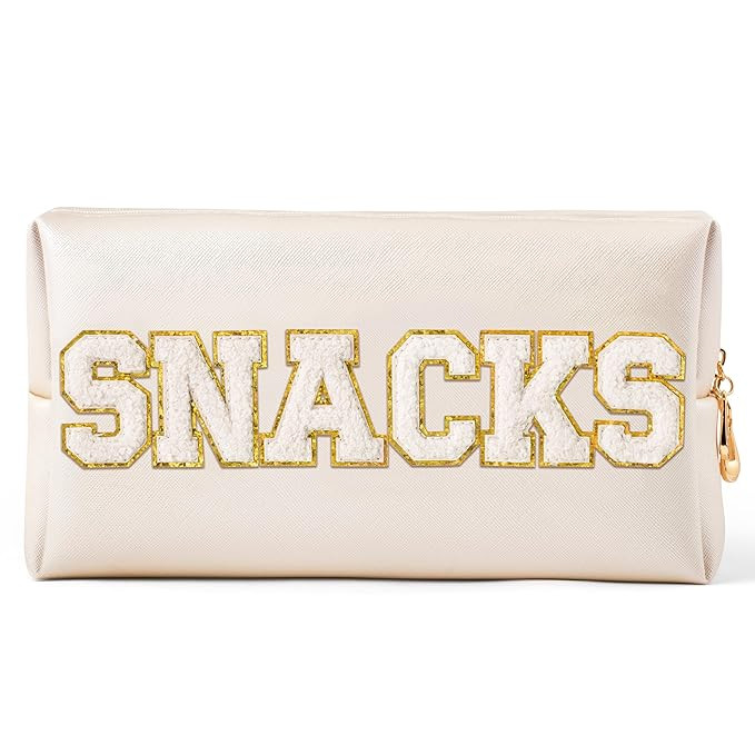 Y1tvei Large SNACKS Cosmetic Bag - Preppy White Snacks Chenille Varsity Letter Makeup Bag PU Leat... | Amazon (US)