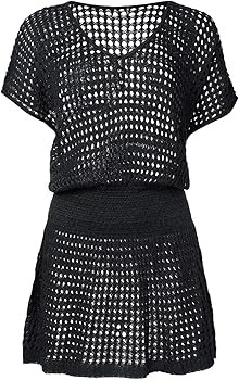 Bsubseach Women Crochet Hollow Out Swim Cover Ups Short Sleeve Beach Swimwear Tunic Dress | Amazon (US)
