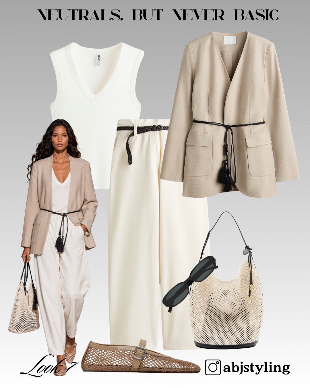 A tonal ivory base layered with a softly belted beige blazer. The barrel trousers give the outfit a modern silhouette, while woven accessories stop the neutral palette from feeling too formal.
