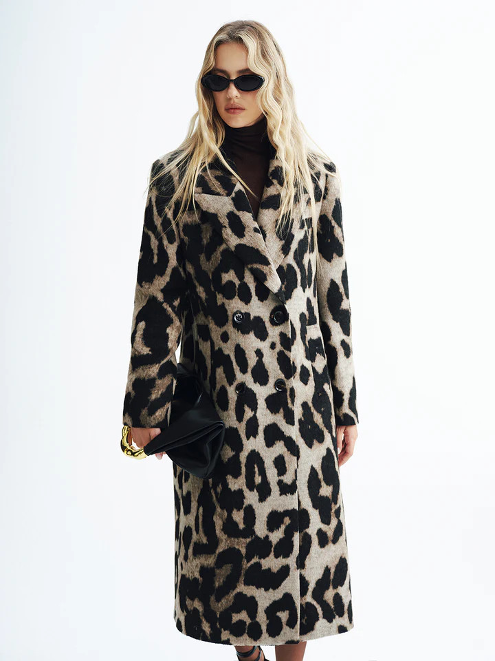 Leopard Print Wool-Blend Double-Breasted Coat | Commense
