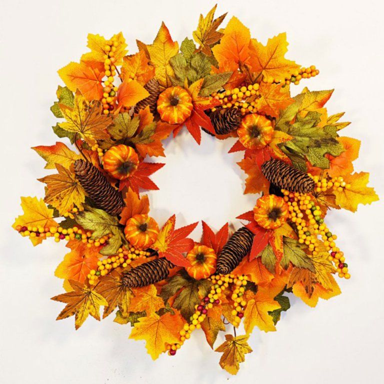 17.7 inch Fall Wreath for Front Door Thanksgivings Decorations Maple Leaves Pumpkin Pine Cone Ber... | Walmart (US)