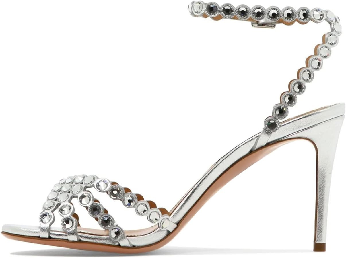 Women's Rhinestone Ankle Strap Sandals Crystals Heeled Sandals | Amazon (US)