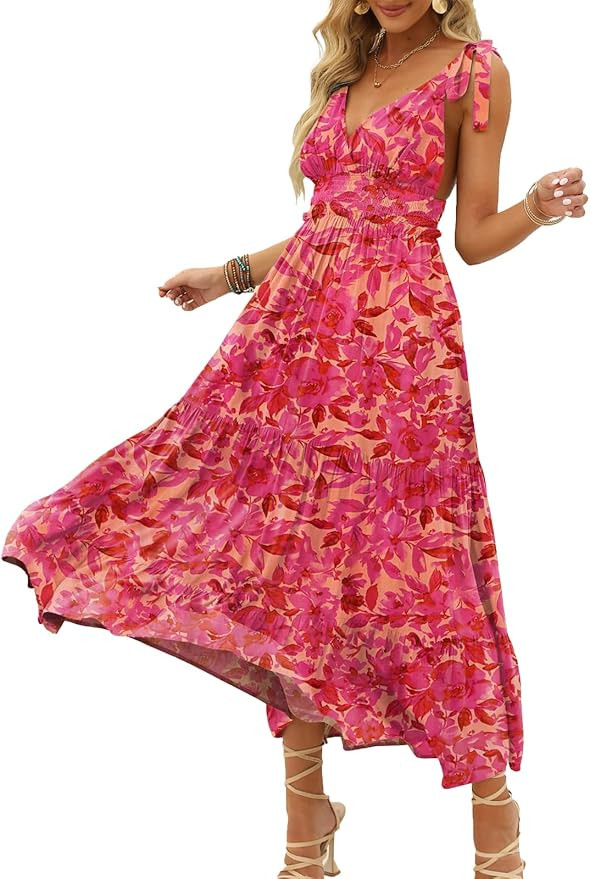 DEEP SELF Women's Summer V Neck Tie Strap Maxi Dress Halter Ruffle Hem Long Dresses Spaghetti Str... | Amazon (US)