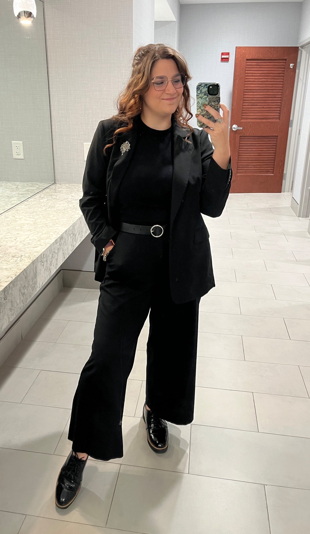 Monochrome black work outfit - wide leg pants (banana republic thrifted), large buckle belt (target), brooch (vintage, family heirloom), patent platform oxfords (unknown brand thrifted). 

Links to exact item or some very similar linked below 🖤 

#LTKFindsUnder50 #LTKMidsize #LTKStyleTip