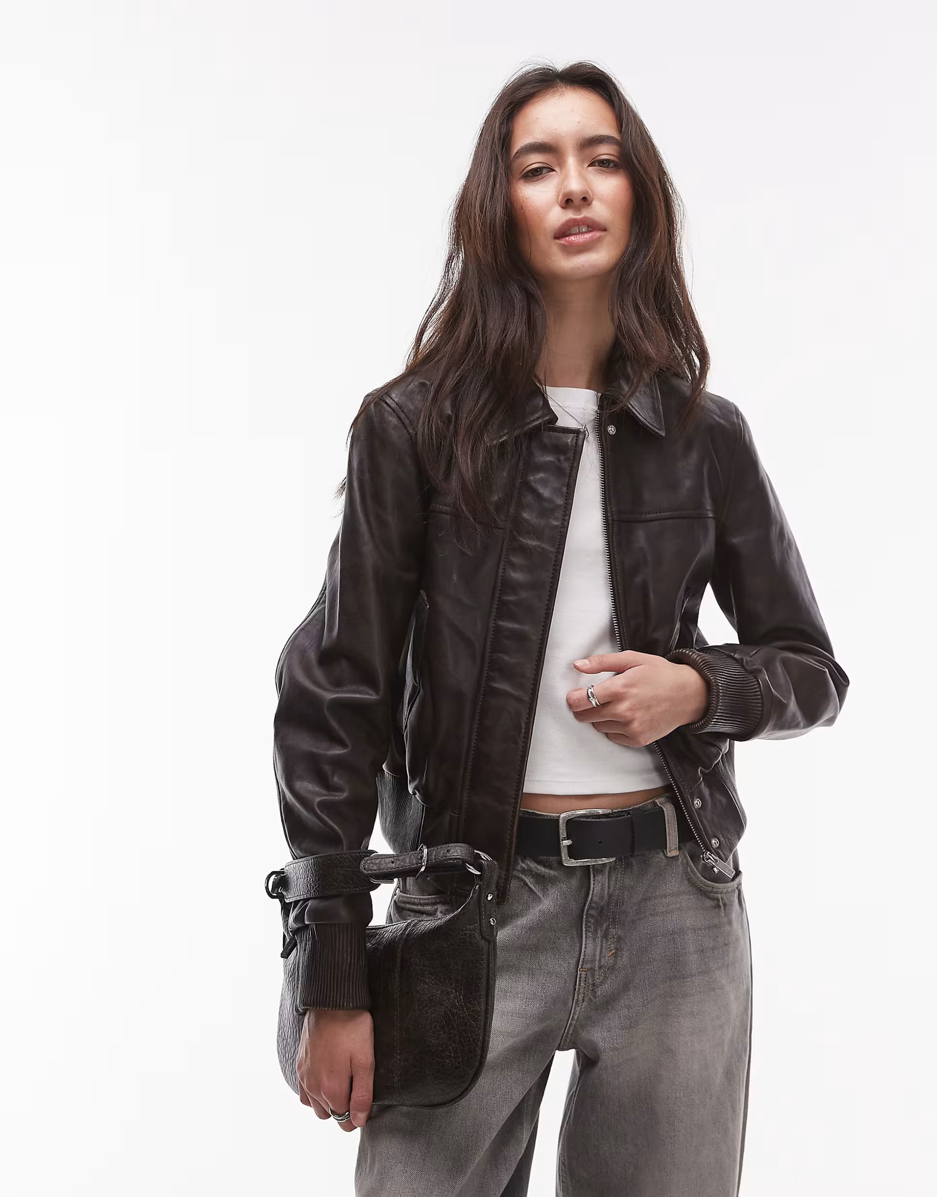 Mango real leather bomber jacket in brown | ASOS (Global)