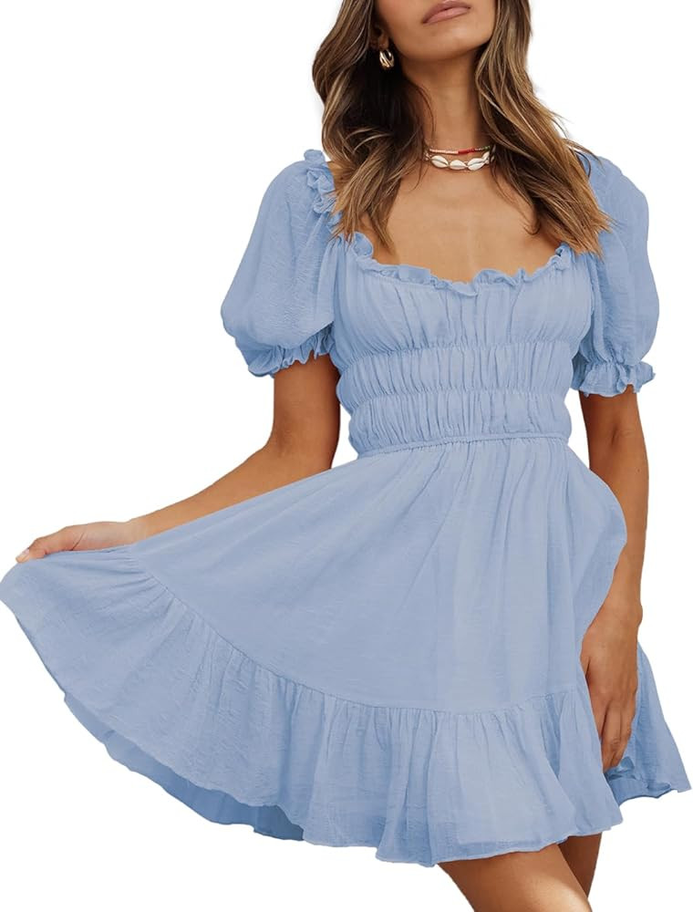 MIYIEONZ Women's Square Neck Puff Sleeve Mini Dresses Ruffle Elastic Waist A-Line Elegant Summer ... | Amazon (US)