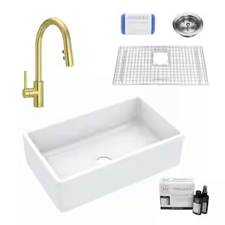 SINKOLOGY Inspire All-in-1 Farmhouse Apron Front Fireclay 30 in. Single Bowl Kitchen Sink with Pf... | The Home Depot