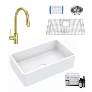 SINKOLOGY Inspire All-in-1 Farmhouse Apron Front Fireclay 30 in. Single Bowl Kitchen Sink with Pf... | The Home Depot