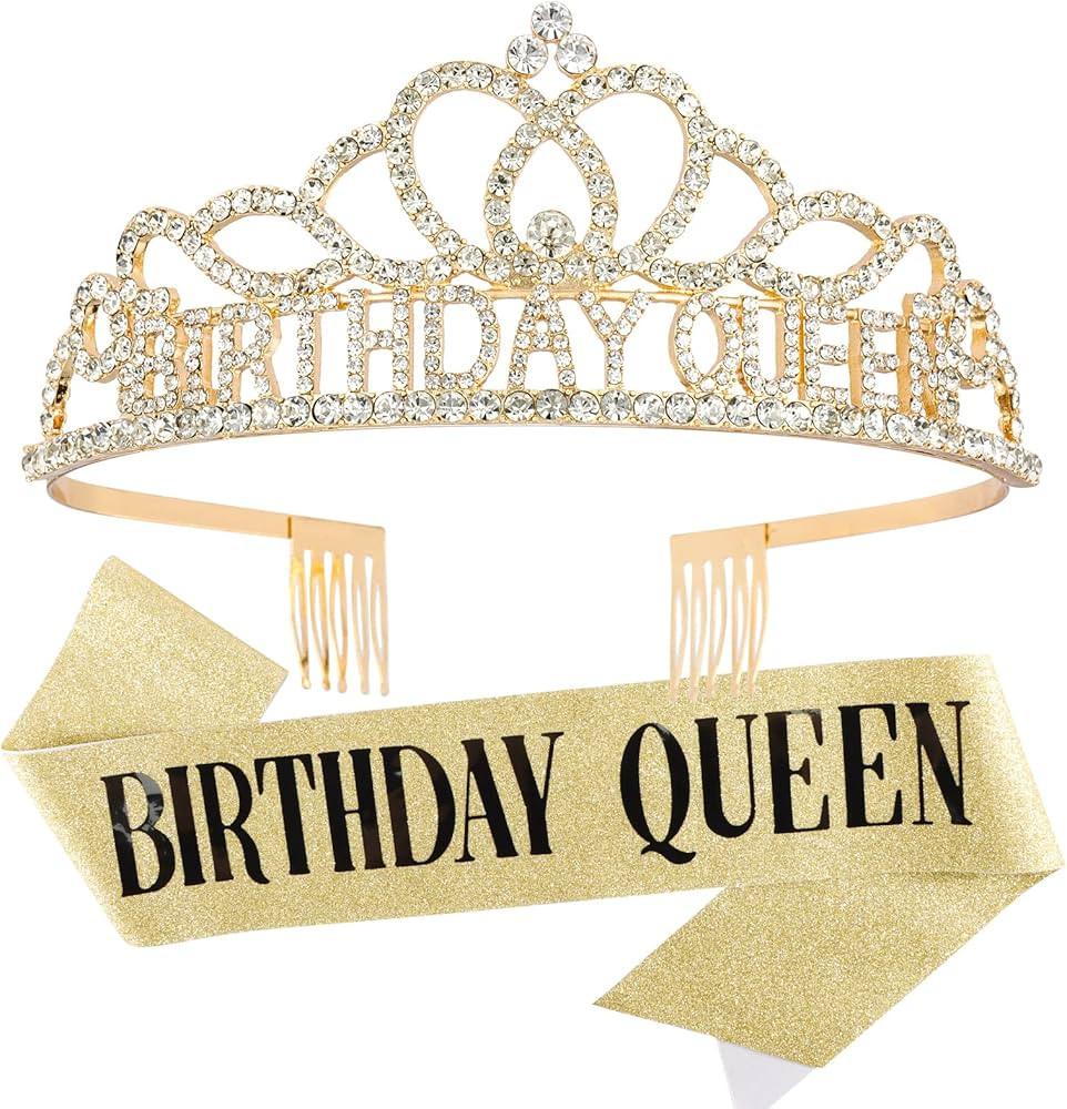 CAVETEE Gold Birthday Crowns and Sash - Queen Tiara for Party Decorations | Amazon (US)