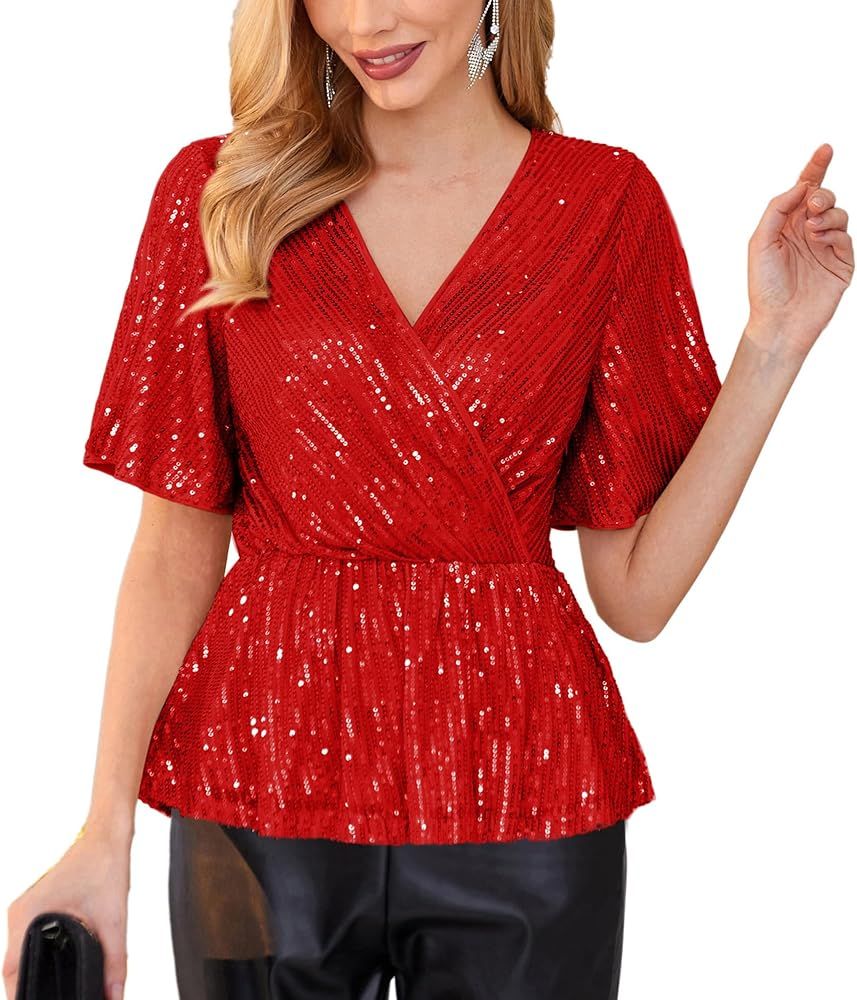 GRACE KARIN Sequin Ruffle Tops for Women Short Sleeve Dressy Sparkly Tops Ruched Wrap Blouse Party C | Amazon (US)