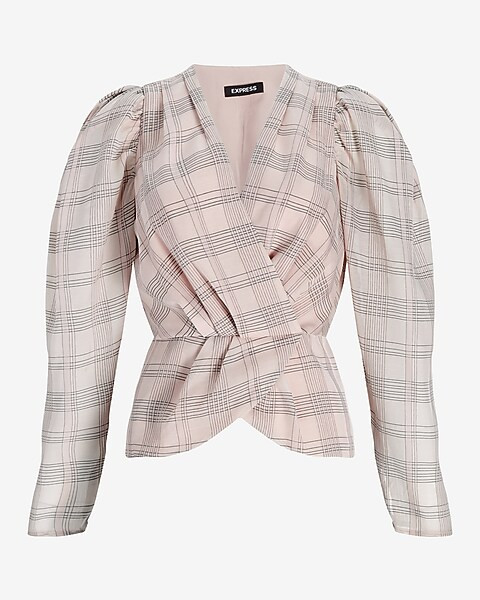Check Print Faux Wrap Front Peplum Top | Express