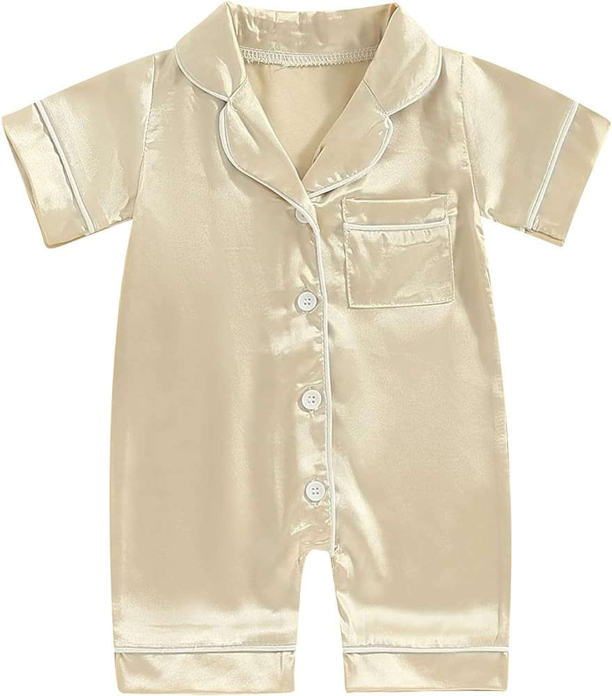 Multitrust Newborn Baby Boy Girl Silk Pajamas Short Sleeve Button Up Satin Pjs One Piece Romper O... | Amazon (US)