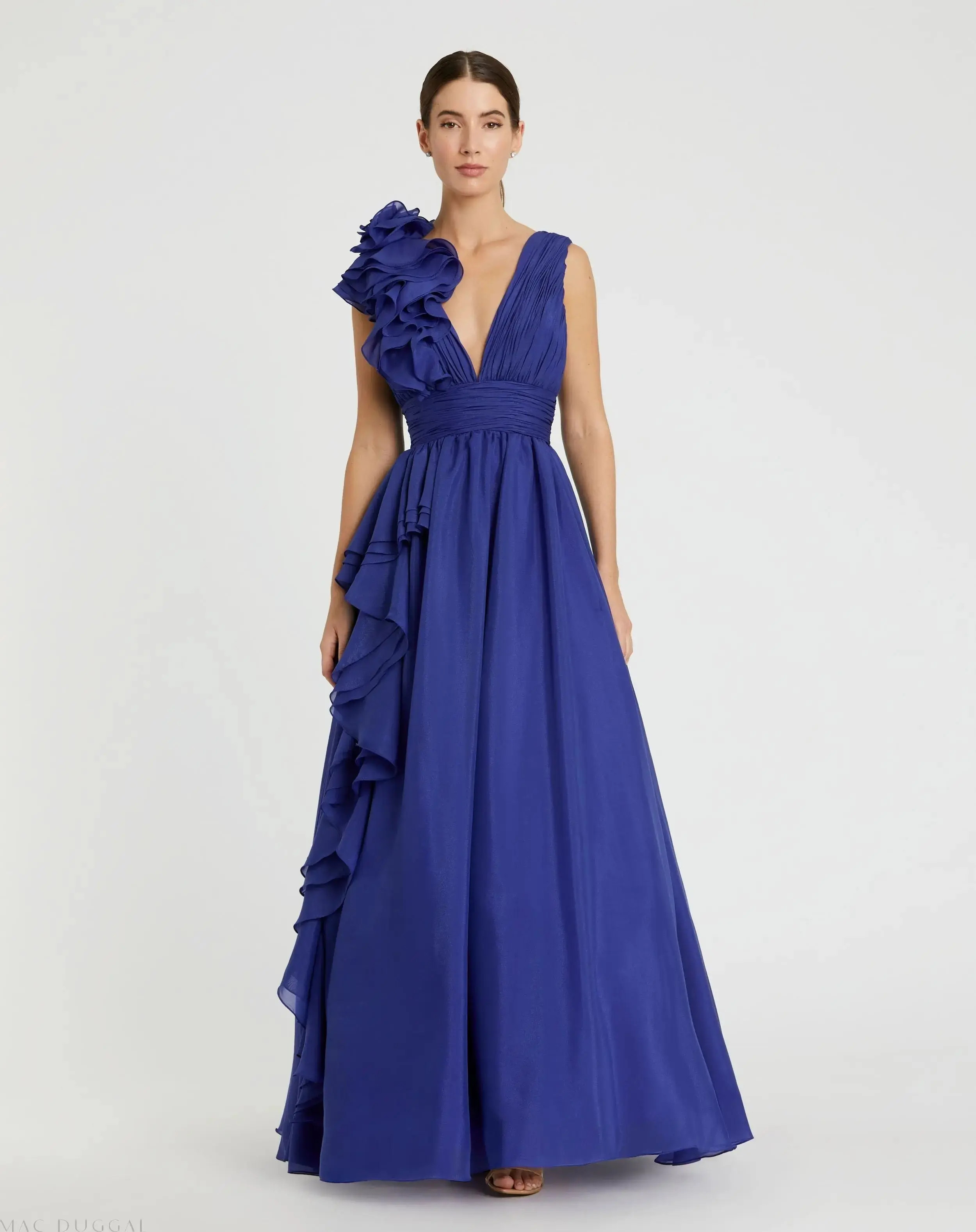Dark Blue Ruffle Shoulder V-Neck Chiffon Gown | Mac Duggal | Mac Duggal