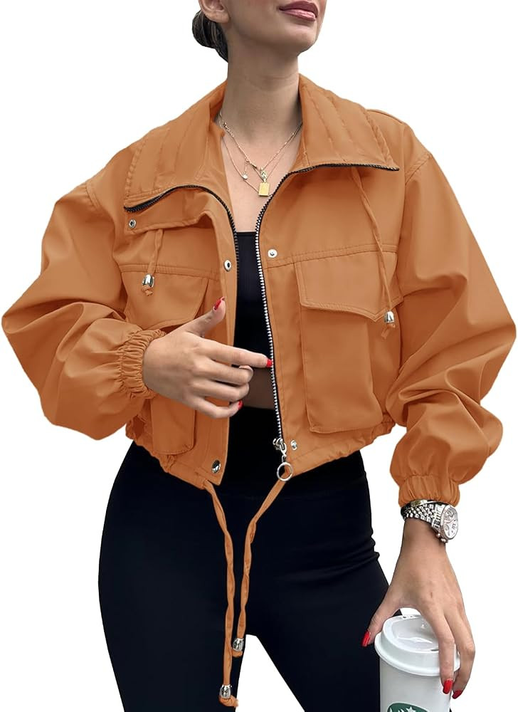 Tankaneo Womens Cropped Jacket Zip Up Lightweight Oversized Utility Anorak Coat with Pockets | Amazon (US)