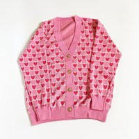 Pink Knit Cardigan Sweater Checkerboard Hearts Pink Button Up Cardi Knitwear, Cutecore Outfit | Etsy (US)