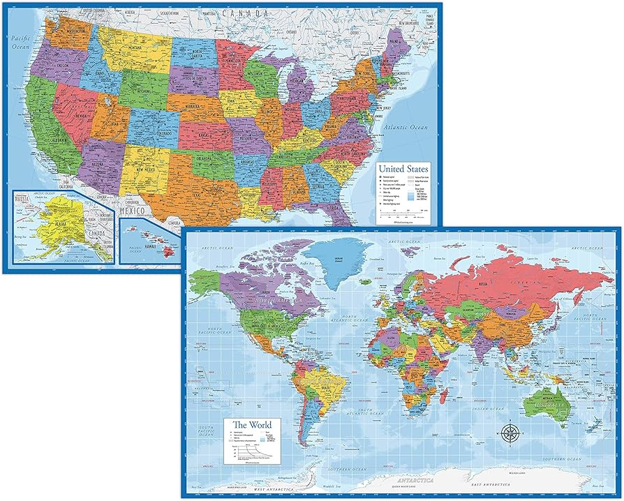 Laminated World Map & US Map Poster Set - 18" x 29" - Wall Chart Maps of the World & United State... | Amazon (US)