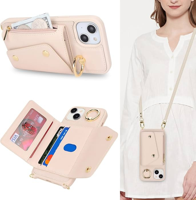 for iPhone 15 Case with Card Holder and Strap - Zipper Pocket,Crossbody Lanyard Strap,Credit Card... | Amazon (US)