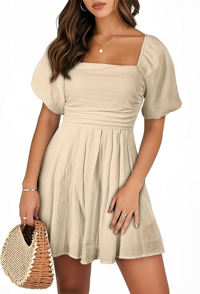 AlvaQ Womens Summer Cute Puff Sleeve Elastic Square Neck Mini Short Romper with Pockets | Amazon (US)