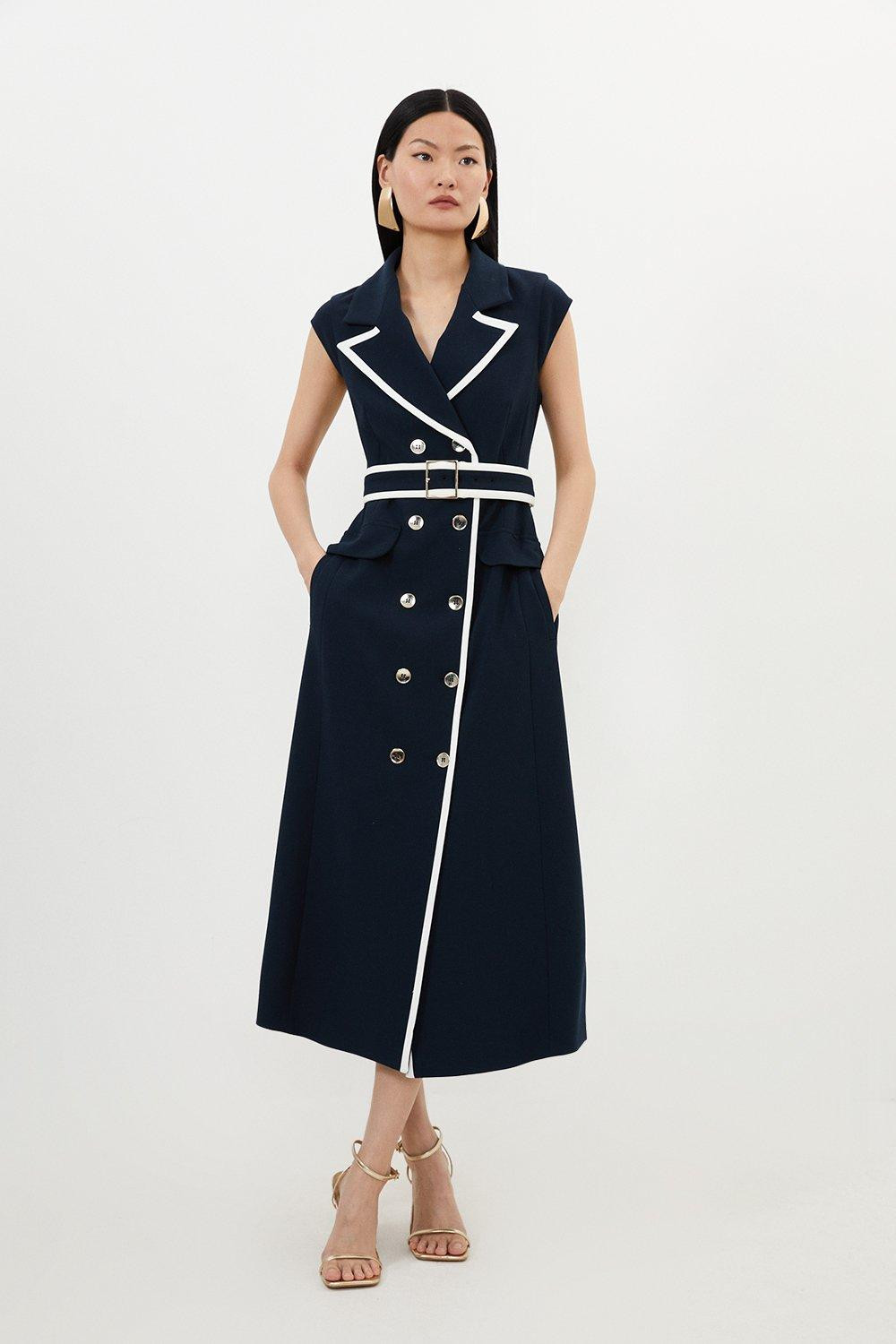 Compact Stretch Double Breasted Belted Tipped Tailored Midi Dress | Karen Millen UK + IE + DE + NL
